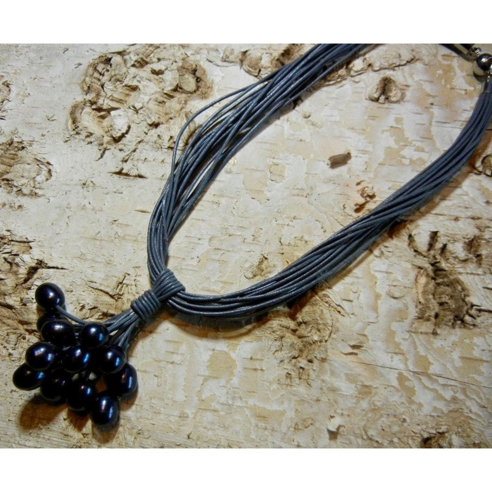 Gray Italian Leather with Cluster Fresh Water‎ Pearls